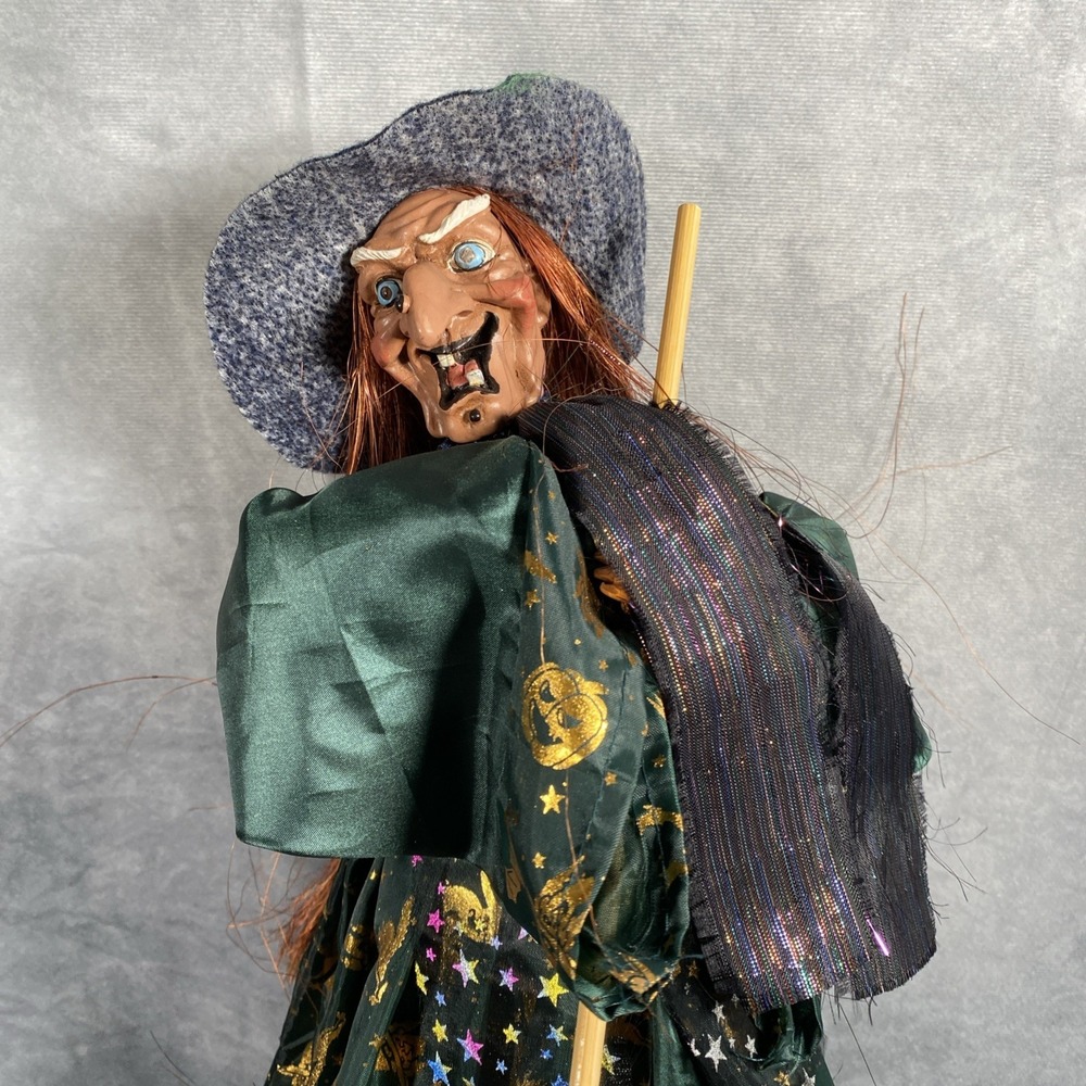 Vintage Halloween Witch Figurine Green Gold Celestial Gown Broom Decor 18 Inch
